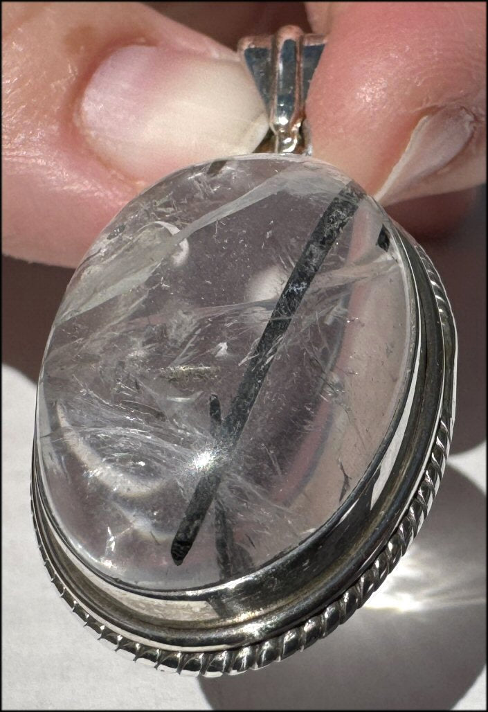 Sterling Silver and TOURMILATED QUARTZ Crystal Pendant with Hematite inclusions - with Synergy 10+ years