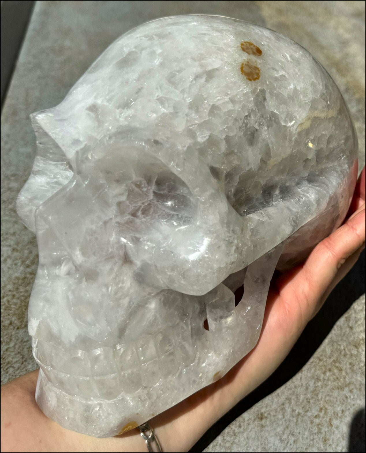 ~Super Sale~ LifeSize AGATE GEODE Crystal Skull with Iron Dendrite "Blossoms", Amazing crystalline structures - just under 9lbs