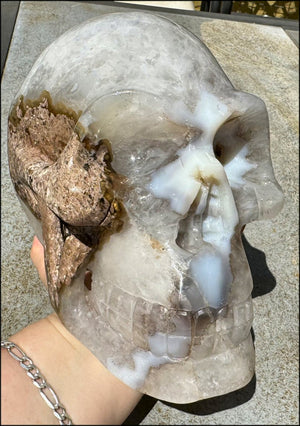 ~Super Sale~ LifeSize Agate GEODE Crystal Skull with Vugs, Hematite speckles, Lovely "Floral" Matrix
