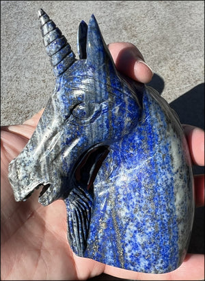 Lapis Lazuli UNICORN Bust with Pyrite+Calcite inclusions and Mesmerizing banding!