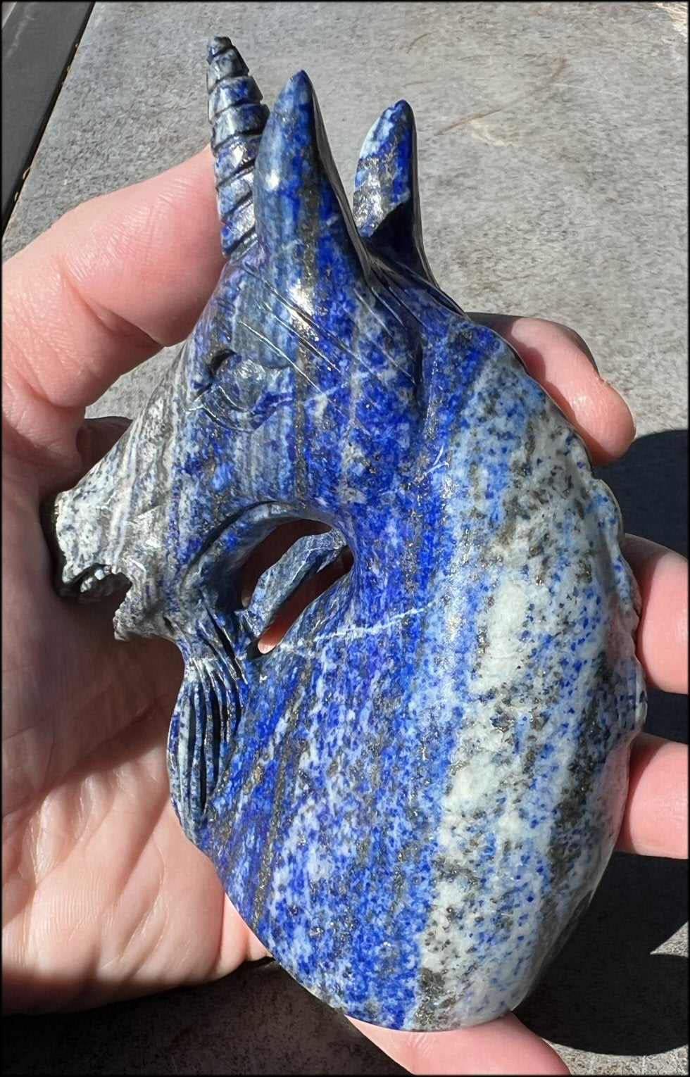 Lapis Lazuli UNICORN Bust with Pyrite+Calcite inclusions and Mesmerizing banding!