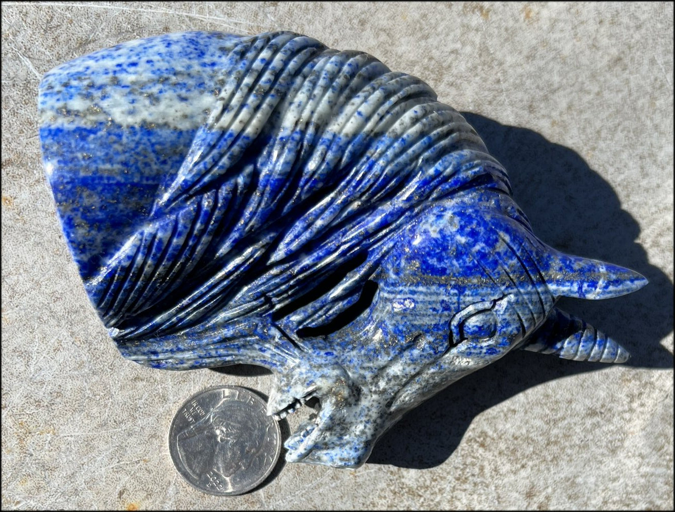 Lapis Lazuli UNICORN Bust with Pyrite+Calcite inclusions and Mesmerizing banding!