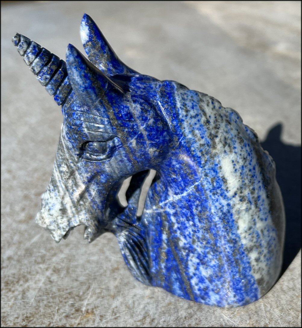 Lapis Lazuli UNICORN Bust with Pyrite+Calcite inclusions and Mesmerizing banding!
