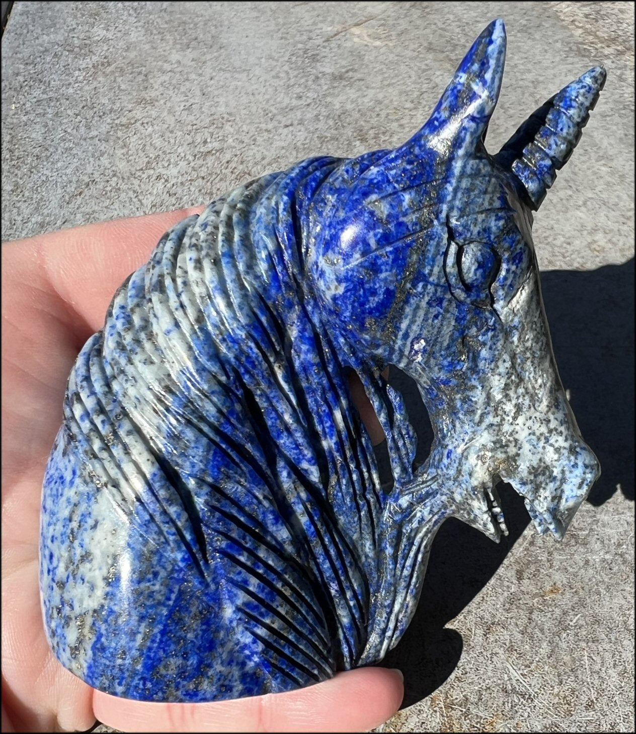 Lapis Lazuli UNICORN Bust with Pyrite+Calcite inclusions and Mesmerizing banding!