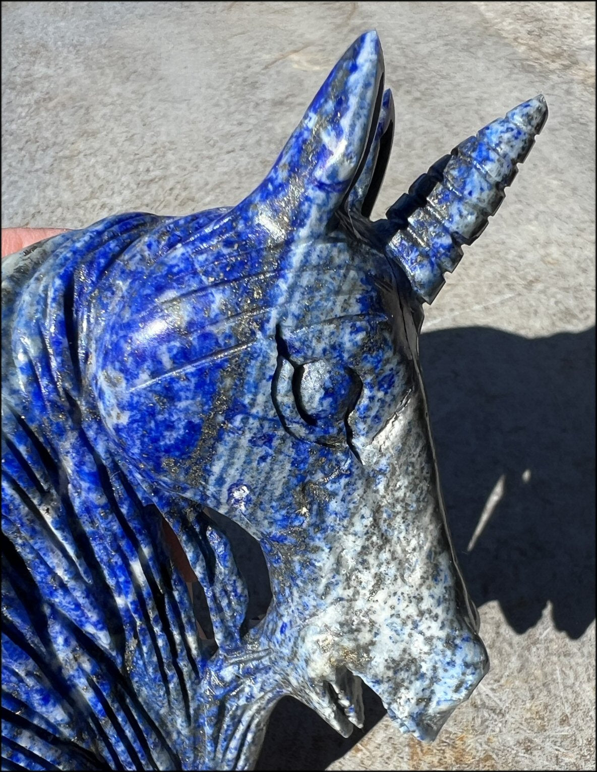 Lapis Lazuli UNICORN Bust with Pyrite+Calcite inclusions and Mesmerizing banding!