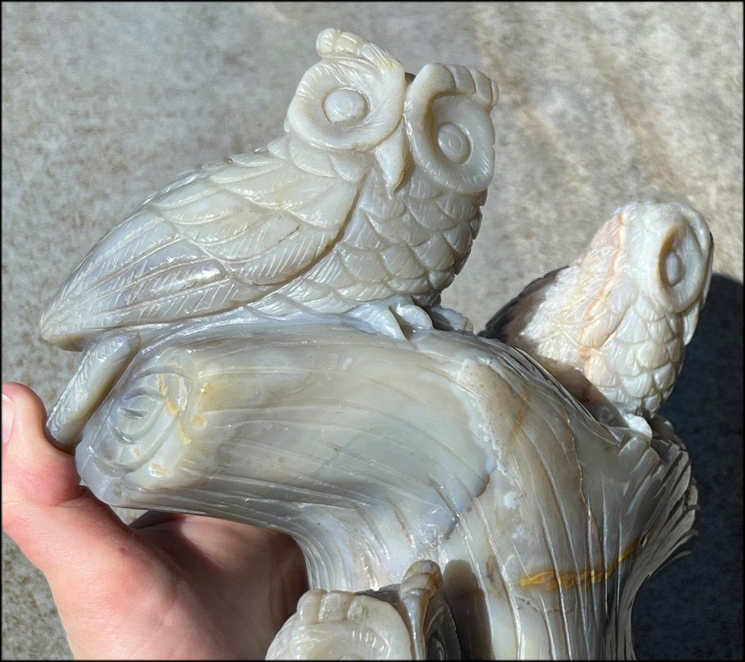 HUGE 7lbs+ Dendritic Agate OWL Family Carving with Moss Agate inclusions