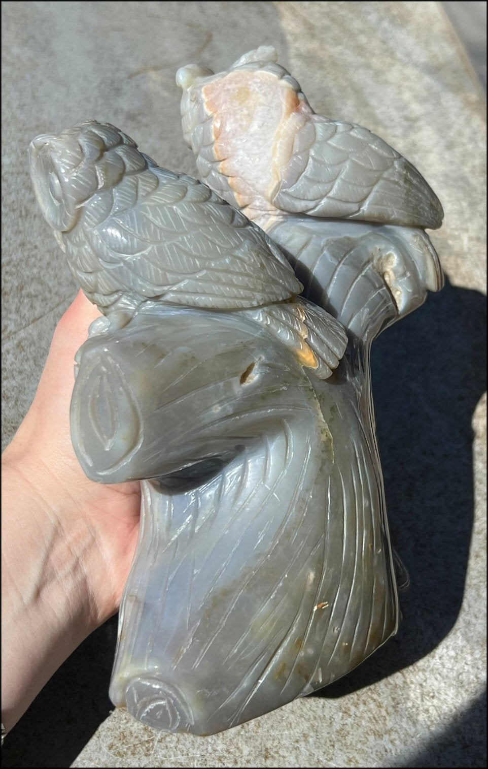 HUGE 7lbs+ Dendritic Agate OWL Family Carving with Moss Agate inclusions