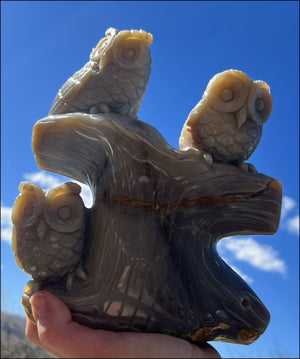 HUGE 7lbs+ Dendritic Agate OWL Family Carving with Moss Agate inclusions