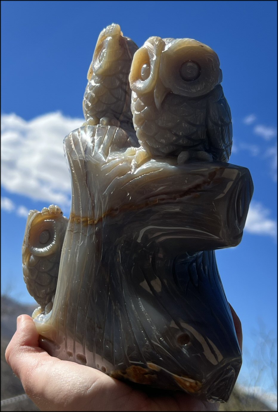 HUGE 7lbs+ Dendritic Agate OWL Family Carving with Moss Agate inclusions