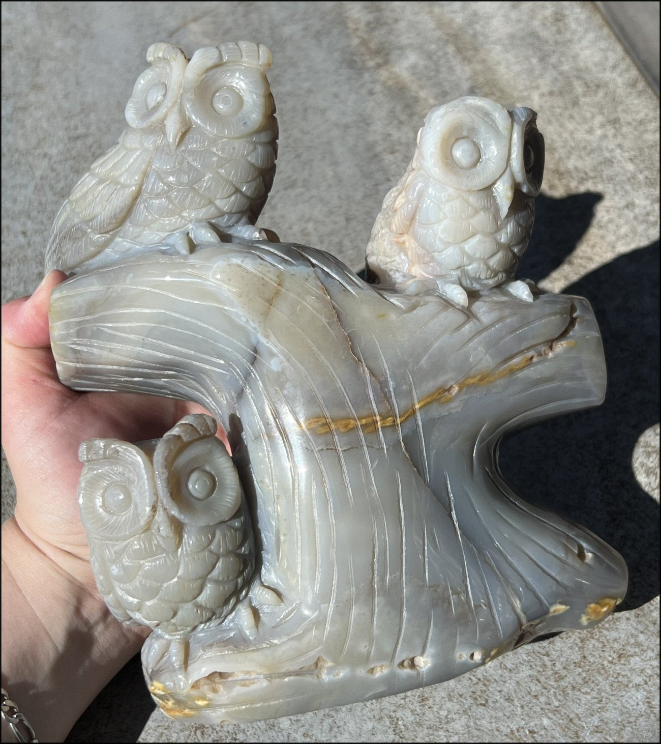 HUGE 7lbs+ Dendritic Agate OWL Family Carving with Moss Agate inclusions