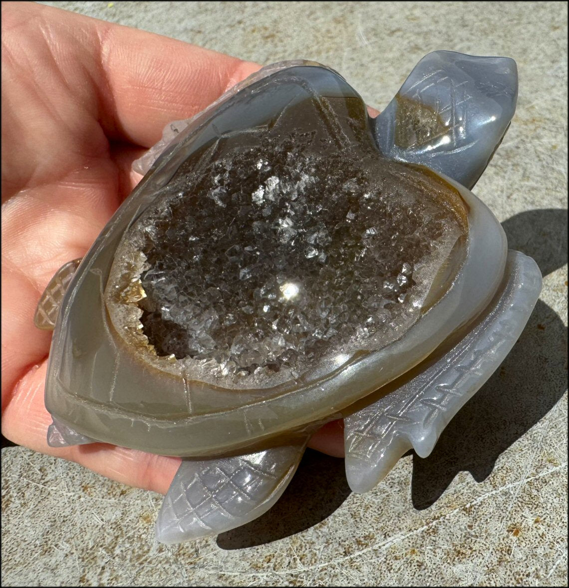 Agate Geode Crystal SEA TURTLE / HONU Totem with Fantastic Druzy lined VUG
