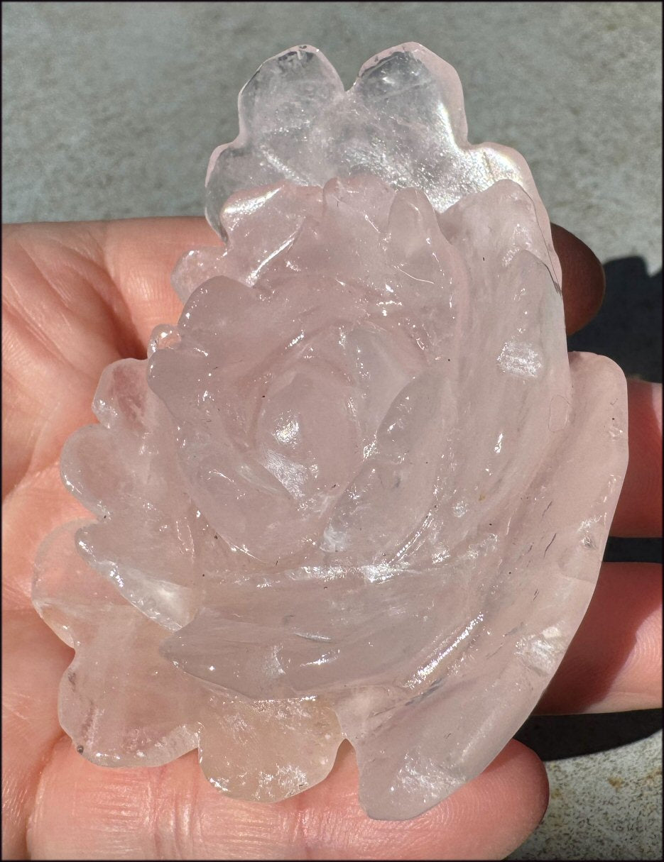 Carved Rose Quartz Crystal ROSE Blossom with Hematite - Stone of Love