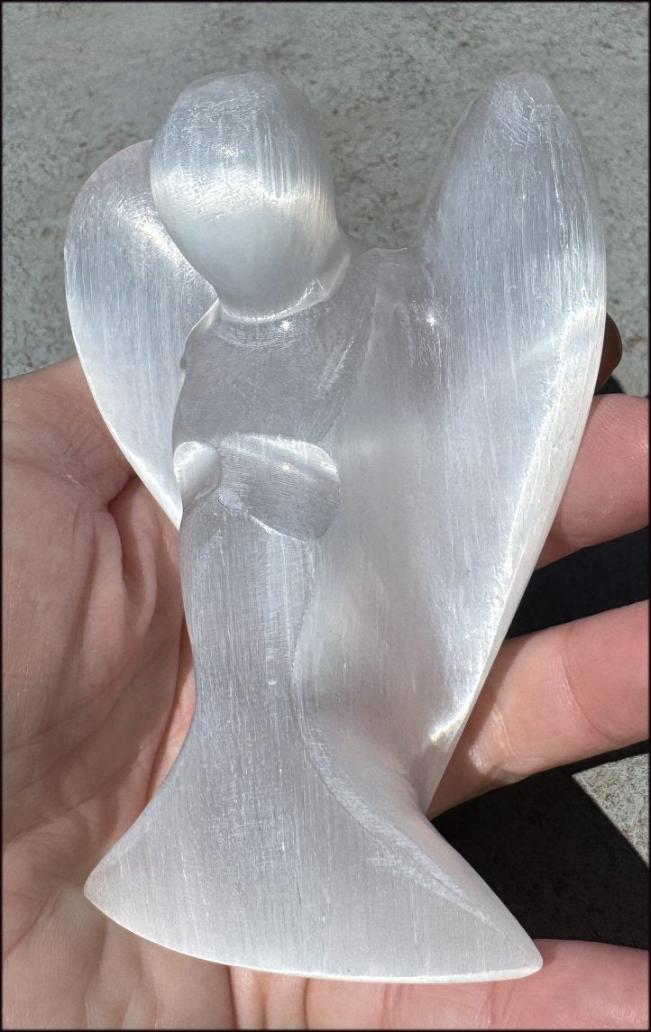 4.25" XL White Satin Spar Selenite Praying ANGEL - Clarity, Calm - 1 /2lb+