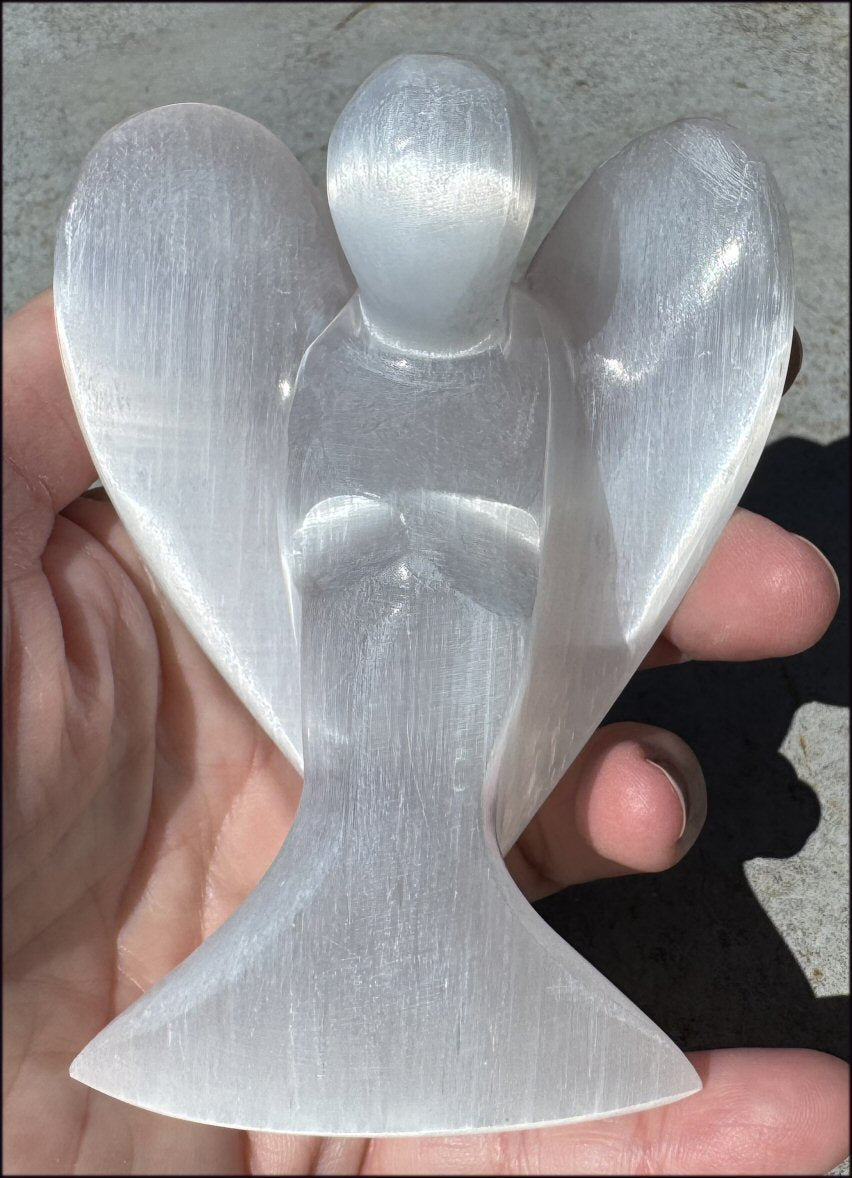 4.25" XL White Satin Spar Selenite Praying ANGEL - Clarity, Calm - 1 /2lb+