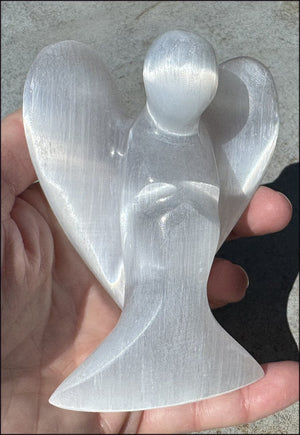 4.25" XL White Satin Spar Selenite Praying ANGEL - Clarity, Calm - 1 /2lb+