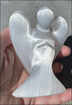 4.25" XL White Satin Spar Selenite Praying ANGEL - Clarity, Calm - 1 /2lb+