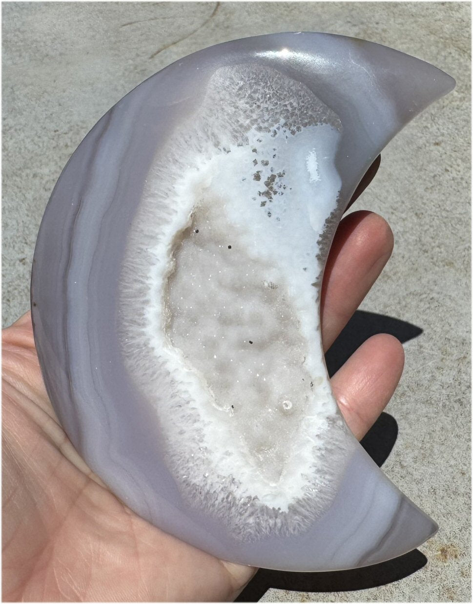 Lg. Agate Geode CRESCENT MOON with Druzy lined VUG, Dendritic inclusions