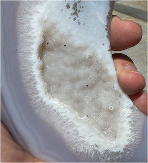 Lg. Agate Geode CRESCENT MOON with Druzy lined VUG, Dendritic inclusions