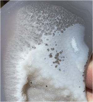 Lg. Agate Geode CRESCENT MOON with Druzy lined VUG, Dendritic inclusions
