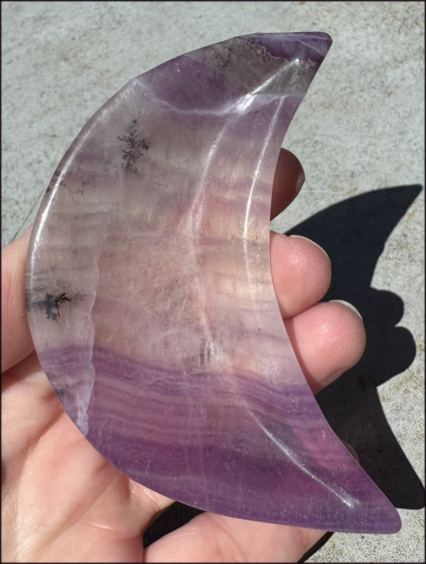 Banded Purple Fluorite CRESCENT MOON Bowl / Dish with Dendritic inclusions