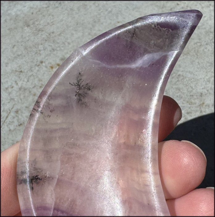 Banded Purple Fluorite CRESCENT MOON Bowl / Dish with Dendritic inclusions