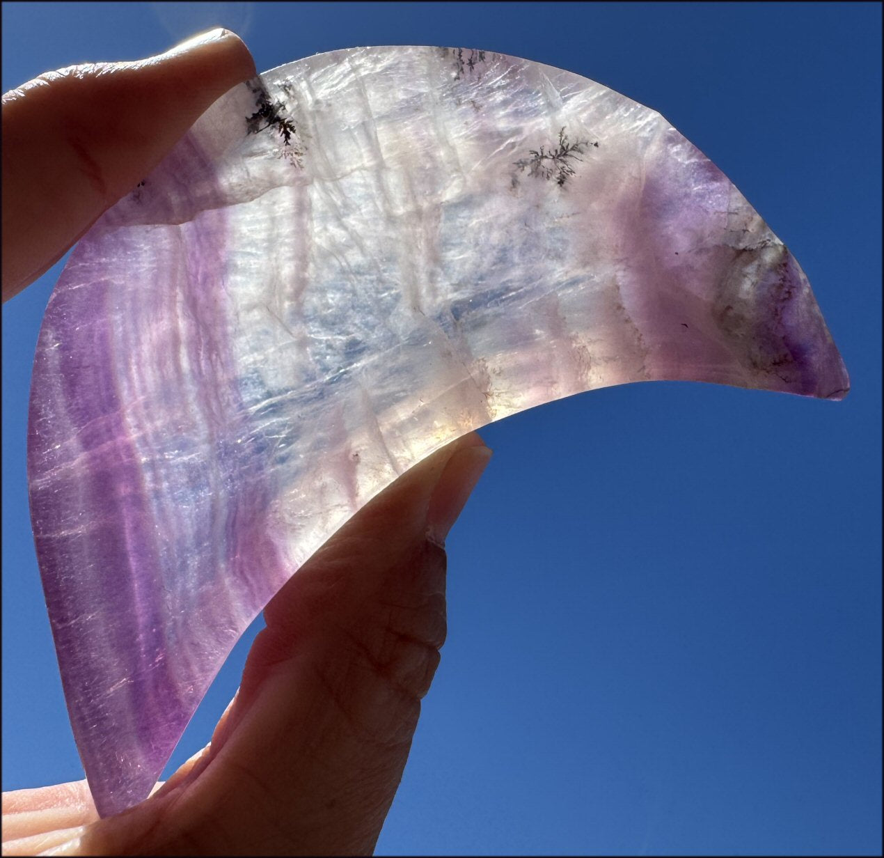 Banded Purple Fluorite CRESCENT MOON Bowl / Dish with Dendritic inclusions