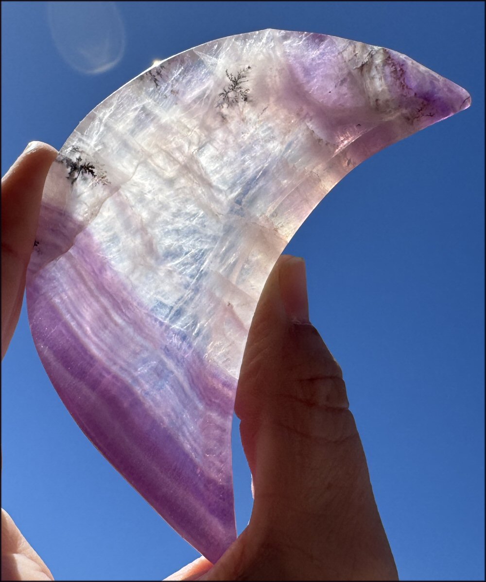 Banded Purple Fluorite CRESCENT MOON Bowl / Dish with Dendritic inclusions