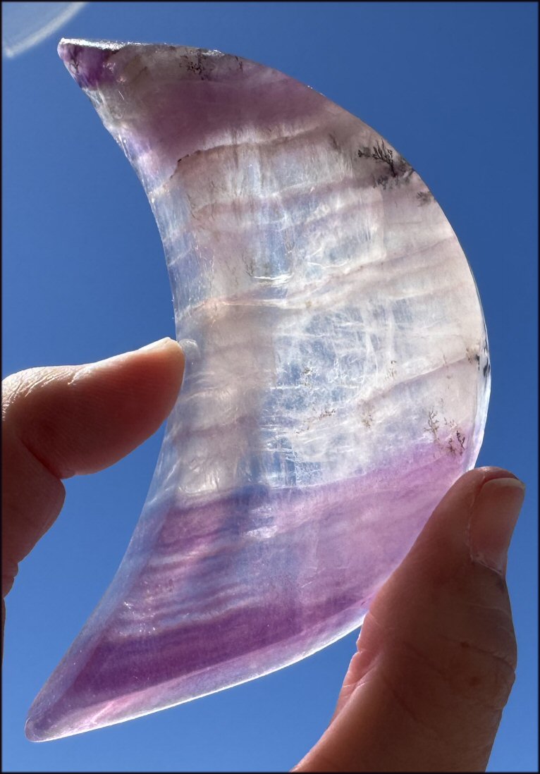 Banded Purple Fluorite CRESCENT MOON Bowl / Dish with Dendritic inclusions
