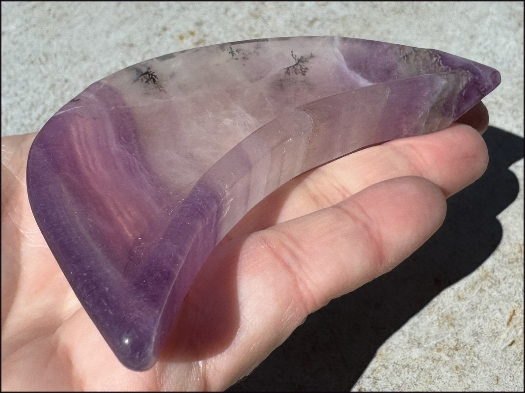Banded Purple Fluorite CRESCENT MOON Bowl / Dish with Dendritic inclusions