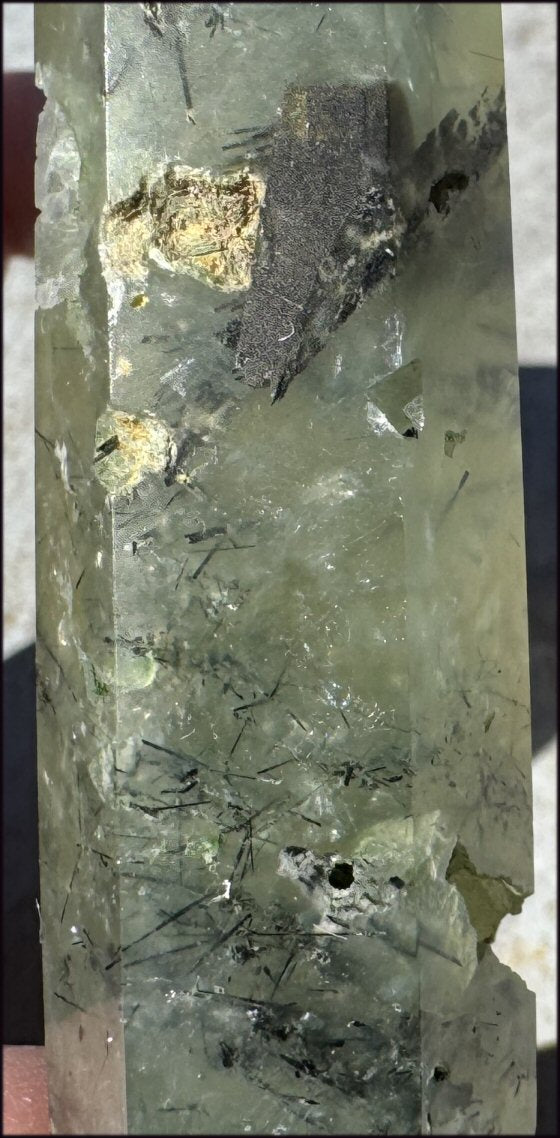 Prehnite Obelisk / Standing Stone with Epidote, Amphibole inclusions, Vugs