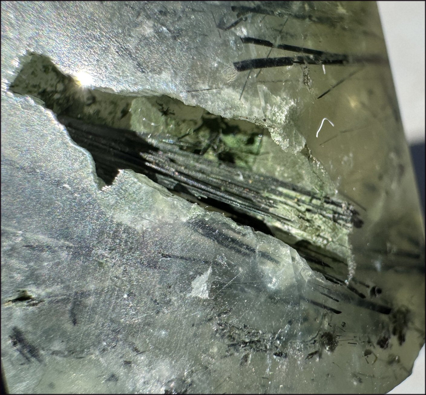 Prehnite Obelisk / Standing Stone with Epidote, Amphibole inclusions, Vugs