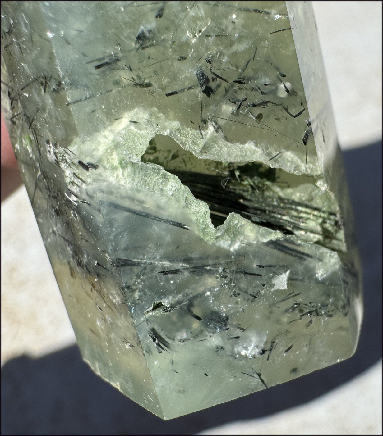 Prehnite Obelisk / Standing Stone with Epidote, Amphibole inclusions, Vugs