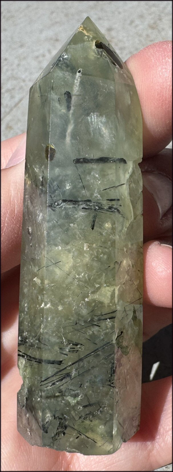Prehnite Obelisk / Standing Stone with Epidote, Amphibole inclusions, Vugs