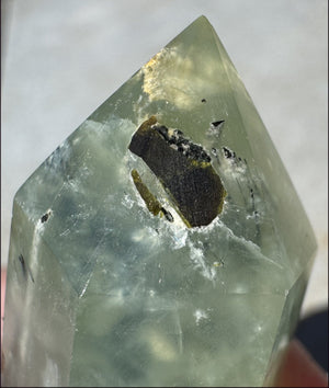 Prehnite Obelisk / Standing Stone with Epidote, Amphibole inclusions, Vugs