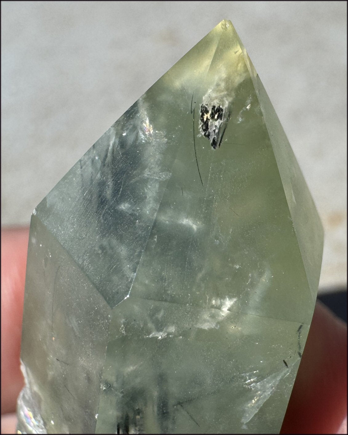 Prehnite Obelisk / Standing Stone with Epidote, Amphibole inclusions, Vugs