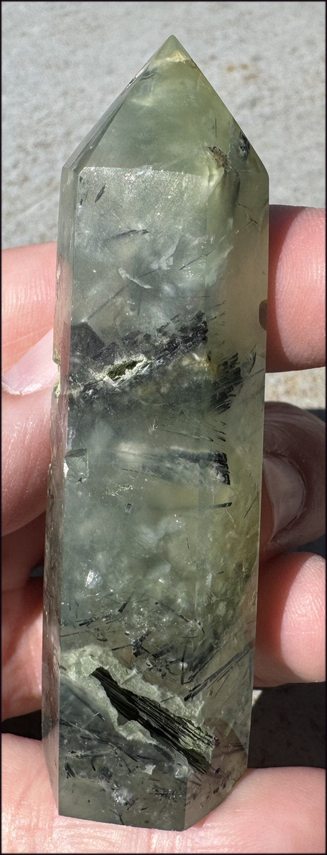 Prehnite Obelisk / Standing Stone with Epidote, Amphibole inclusions, Vugs