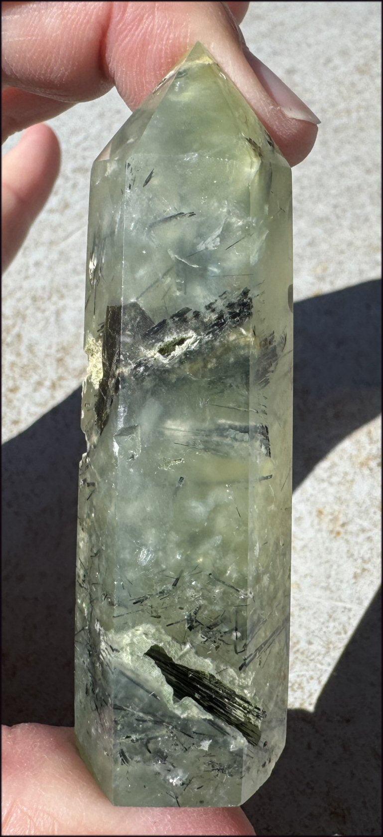 Prehnite Obelisk / Standing Stone with Epidote, Amphibole inclusions, Vugs