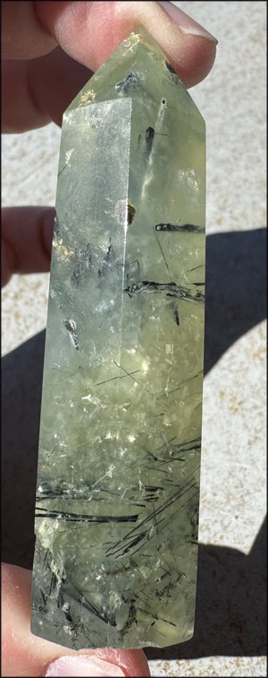 Prehnite Obelisk / Standing Stone with Epidote, Amphibole inclusions, Vugs