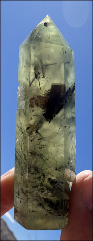 Prehnite Obelisk / Standing Stone with Epidote, Amphibole inclusions, Vugs