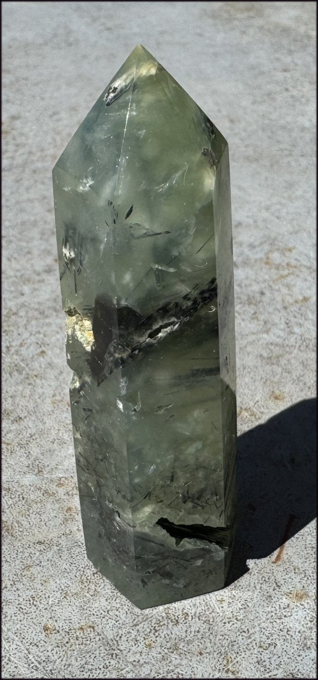 Prehnite Obelisk / Standing Stone with Epidote, Amphibole inclusions, Vugs