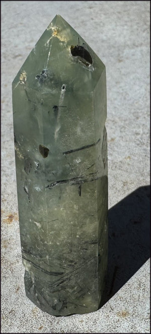 Prehnite Obelisk / Standing Stone with Epidote, Amphibole inclusions, Vugs