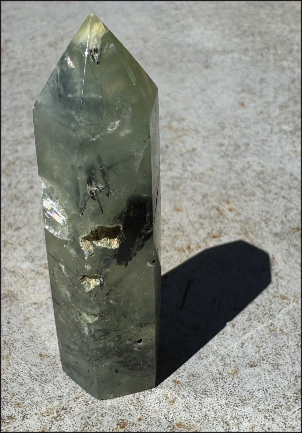 Prehnite Obelisk / Standing Stone with Epidote, Amphibole inclusions, Vugs