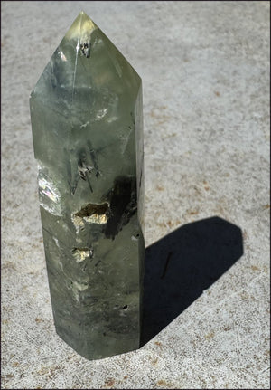 Prehnite Obelisk / Standing Stone with Epidote, Amphibole inclusions, Vugs