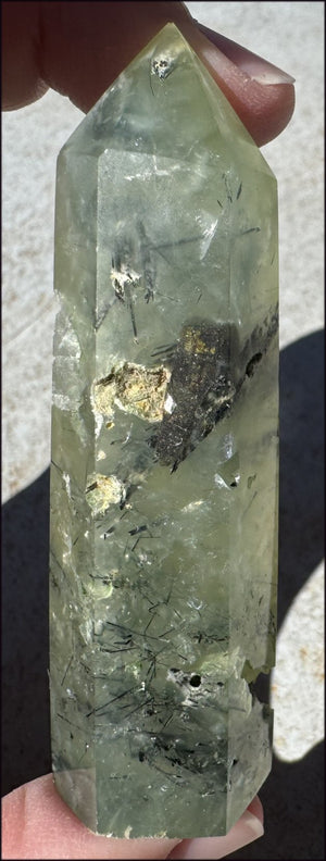 Prehnite Obelisk / Standing Stone with Epidote, Amphibole inclusions, Vugs