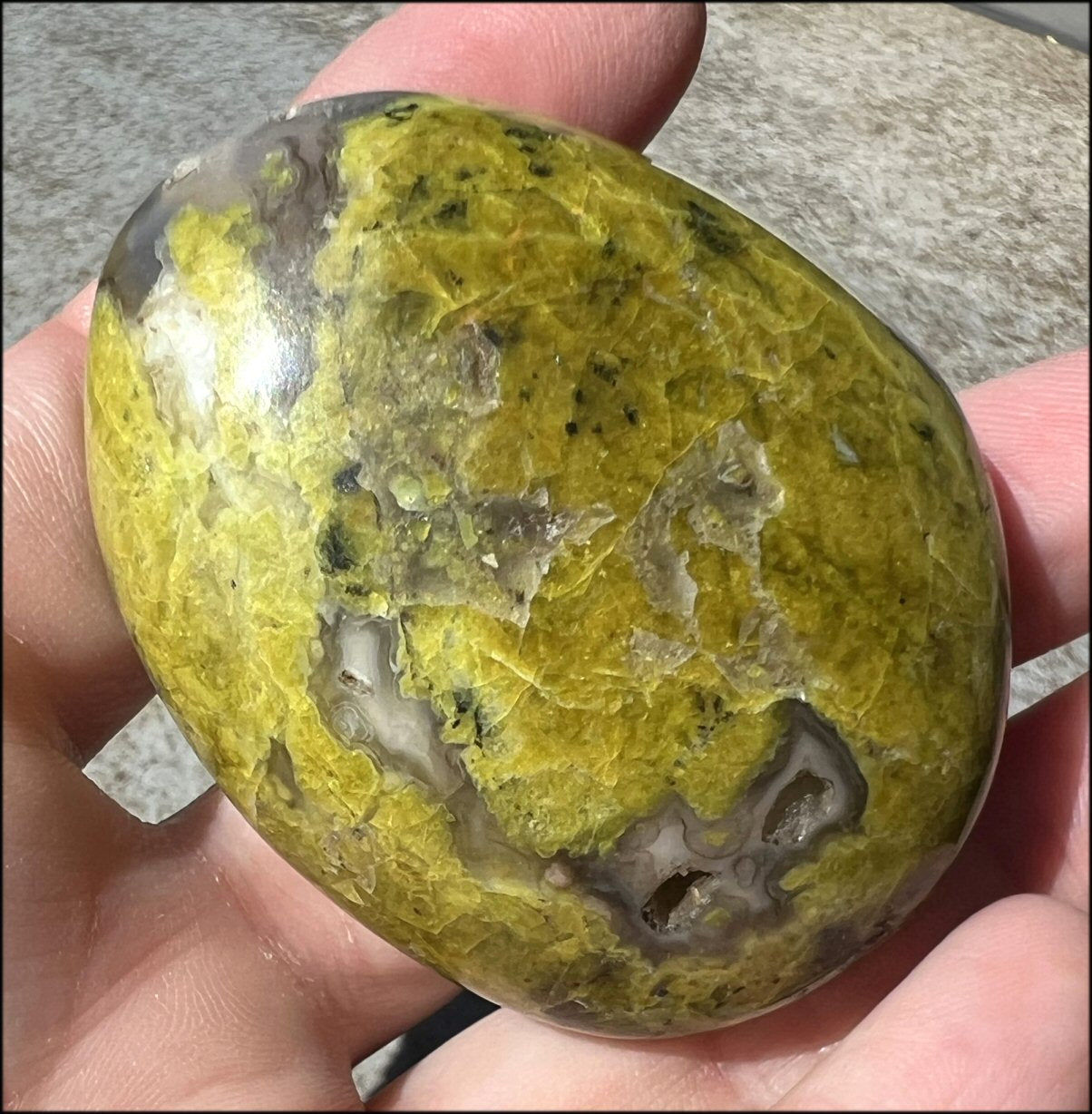 Madagascar Dark GREEN OPAL + CHALCEDONY Palm Stone with Awesome VUGS!