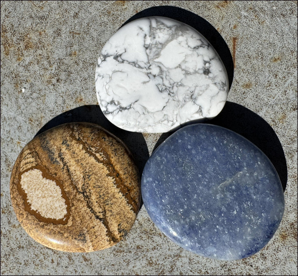 3pc Set Crystal Healing Palm Stones - Picture Rock Jasper, Howlite, Dumortierite
