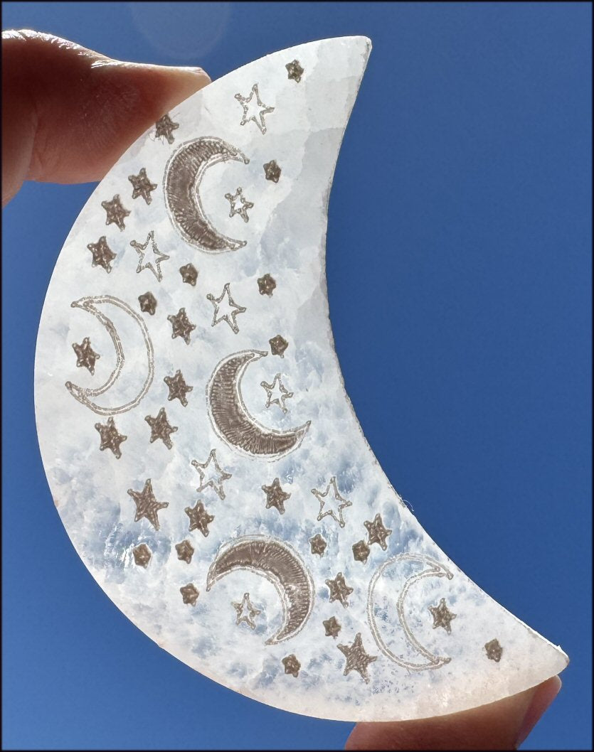 White Satin Spar SELENITE Crescent Moon Charging Plate - Calm, Clarity