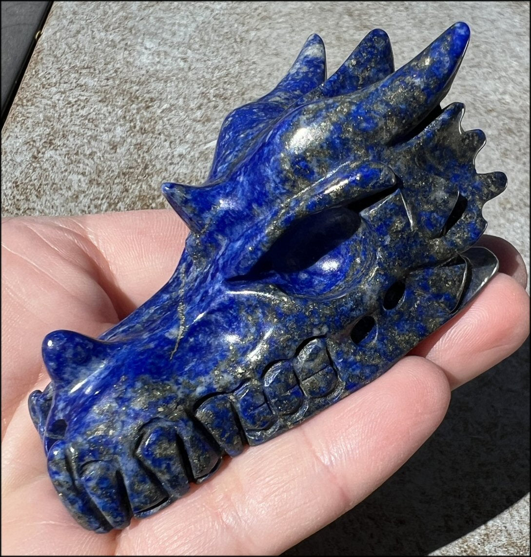 Lapis Lazuli DRAGON Crystal Skull with Metallic PYRITE inclusions - Manifestation, Throat Chakra