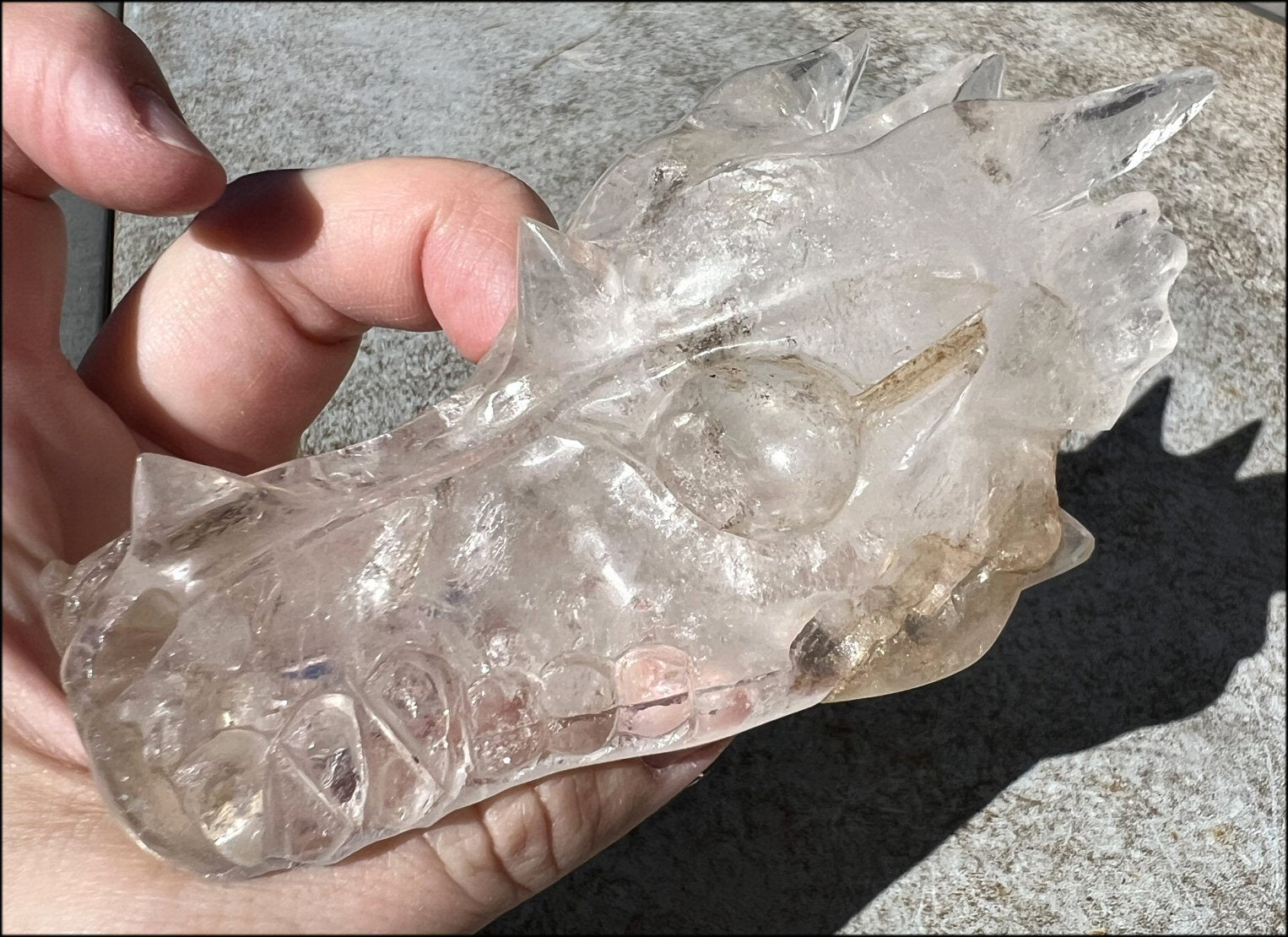 Large QUARTZ Dragon Crystal Skull with Hematite inclusions, beautiful shimmery areas!