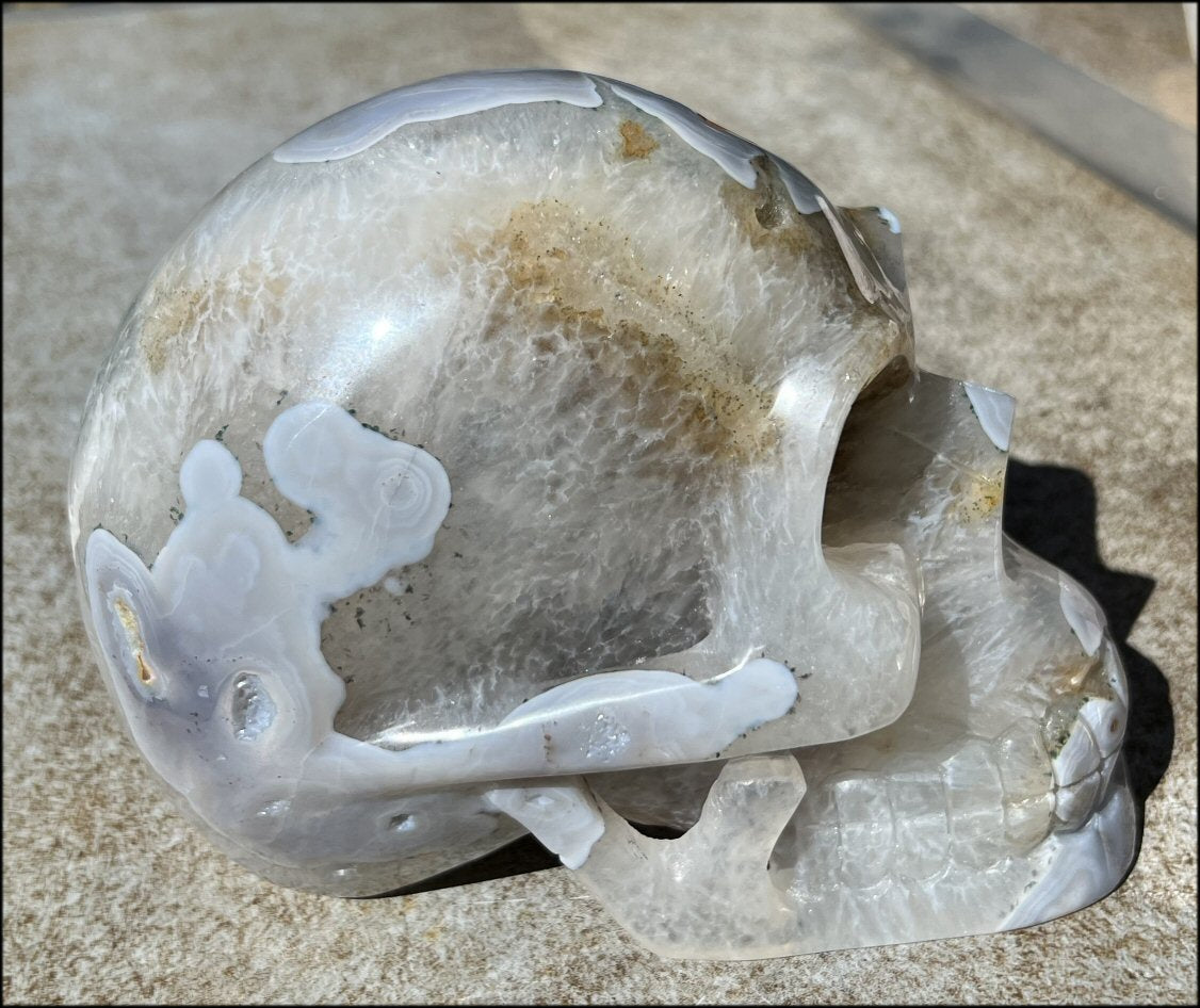 LifeSize Blue-Grey Agate GEODE Crystal Skull with Hematite+Chlorite inclusions, Sparkly Crystalline Formations